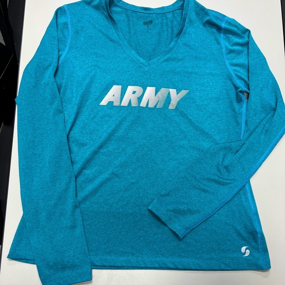 Soffe Long Sleeve Heathered Teal Size Large Army Logo V Neck EUC Silky